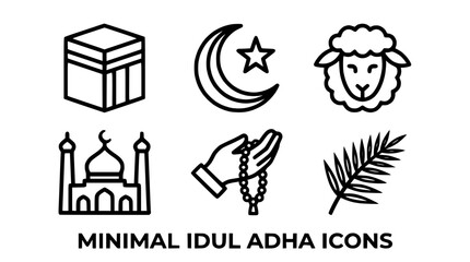 Fototapeta premium Minimal Idul Adha Islamic Icons Set: Kaaba, Crescent Moon, Sheep, Mosque, Prayer Beads, Palm Leaf