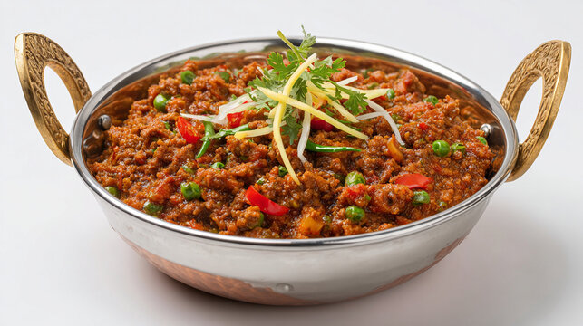Keema matar, a traditional indian minced meat curry with green peas, isolated on white background