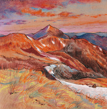 Pastel drawing of a mountain sunset landscape. Hand-drawn traditional artwork with orange alpine peaks, rocky hills and colorful evening sky.