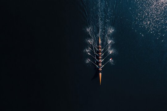 Aerial View of Rowing Team Practicing on Calm Water.