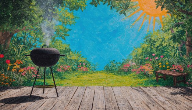 Outdoor deck with barbecue grill and sunny garden backdrop