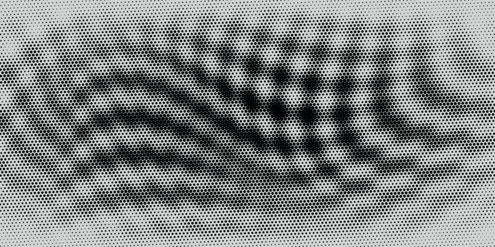 Black halftone dot pape pattern. Abstract grain texture background. Dotted grit curve wallpaper. Rasterized undulate swoosh overlay for poster, leaflet, booklet, banner, brochure, flyer