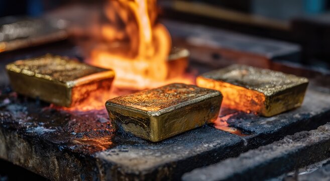 Shiny golden bars being heated with intense flames