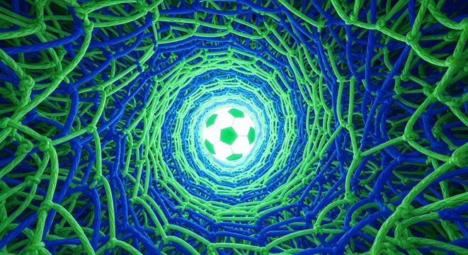Glowing soccer ball at the end of a spiraling green and blue net tunnel with vibrant neon light ray.