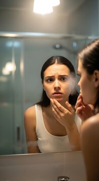 Young Womans Distressed Reflection Examining Skin Concerns in Bathroom Mirror Under Harsh Light.