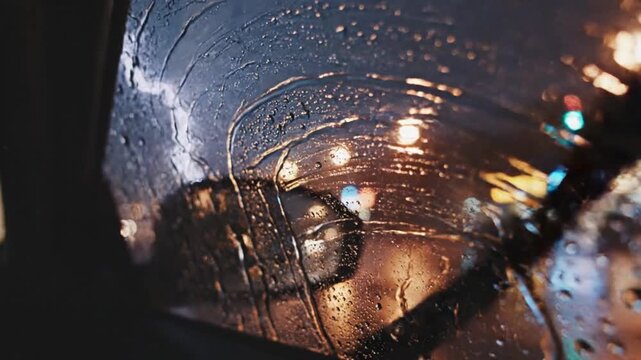 A rainy night scene is viewed from inside a vehicle, showing blurred city lights through a wet windshield with raindrops.