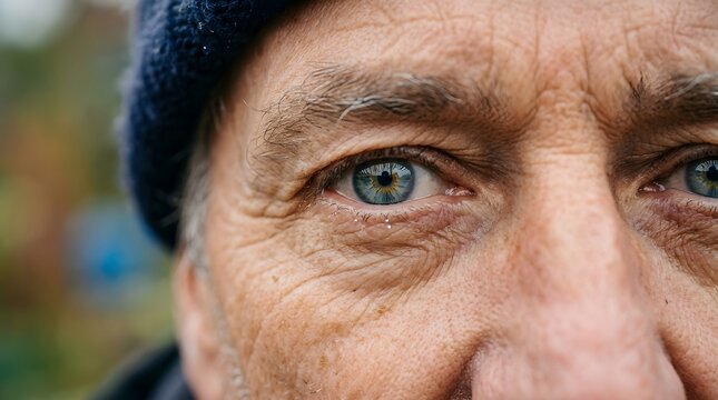 Close up portrait of senior man's face with striking blue green eyes showcasing weathered skin and detailed texture