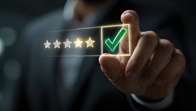 Hand selects four stars and green checkmark for positive rating