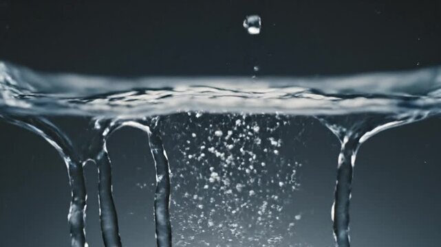 Water droplets fall into a pool, creating ripples and bubbles in the clear liquid.