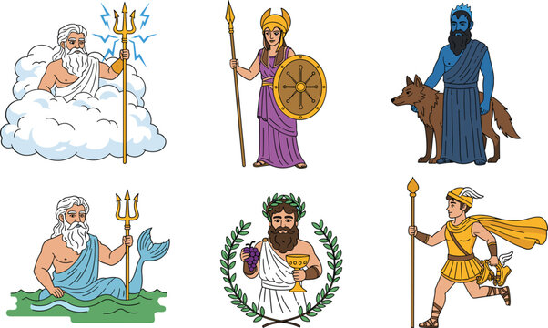Greek Mythology Gods Vector Set Featuring Zeus Athena Hades Poseidon Dionysus and Hermes Cartoon Character Illustrations for Education History and Fantasy Designs