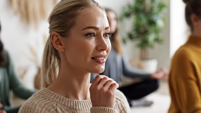 Close-up portrait of a focused young blonde woman with blue eyes wearing a beige cable-knit sweater, sitting attentively during a group session in a bright, modern indoor studio.