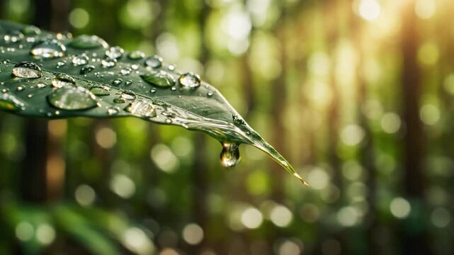 A single raindrop falls from the tip of a leaf covered in water droplets in a forest.