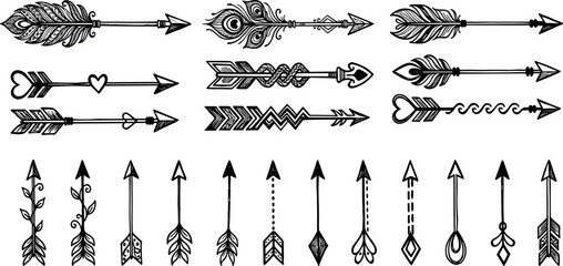 Boho chic tribal arrow vector set featuring ornate hand drawn rustic feathers hearts and geometric elements for native american style invitation and tattoo design. © Sumaiya Akter Sweety