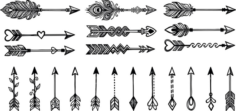 Boho chic tribal arrow vector set featuring ornate hand drawn rustic feathers hearts and geometric elements for native american style invitation and tattoo design.