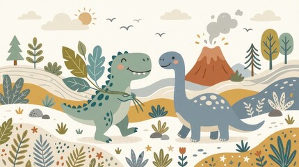 Obraz premium Two cheerful dinosaurs interact in a prehistoric world with a smoking volcano and a sunny day