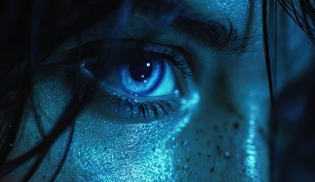 Close-up extreme shot of a glowing blue eye, reflecting light, with hair framing face