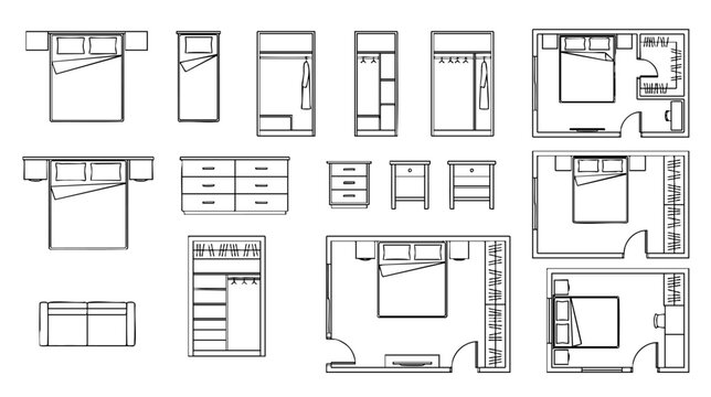 Architectural Bedroom Furniture CAD Blocks Top View Bedroom Symbols Vector Sheet