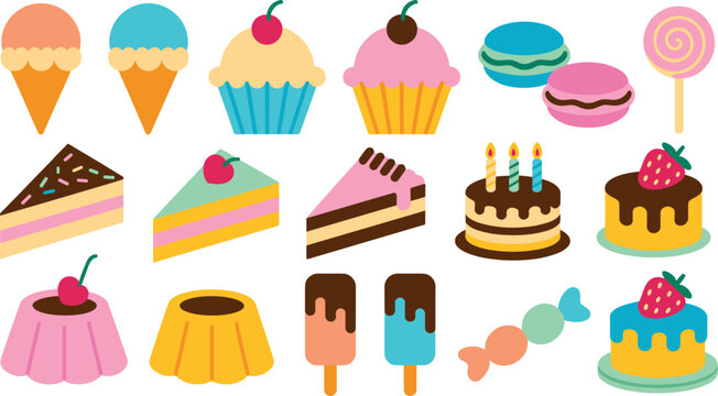 Sweet dessert flat vector icons set containing colorful cupcakes ice cream cones cake slices macarons birthday cakes popsicles pudding and candy illustration