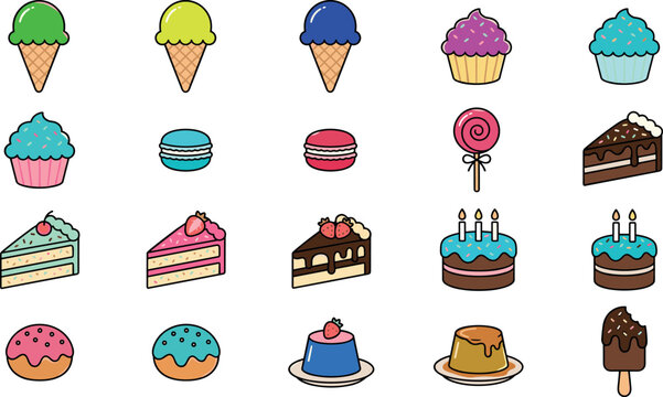 Sweet dessert icons vector collection featuring colorful ice cream cones cupcakes macaroons cake slices birthday cakes with candles donuts pudding and lollipop illustration