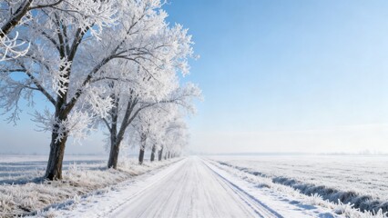 Obraz premium Snowy road with frost covered trees