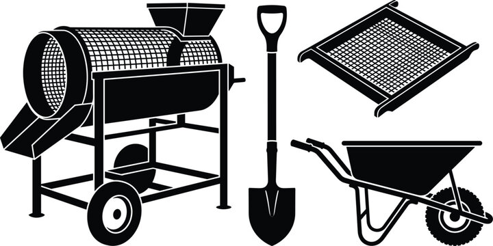 Industrial Compost Trommel Screen and Gardening Equipment Silhouette Set with Wheelbarrow, Shovel, and Soil Sifter Vector Illustrations for Agricultural Landscaping