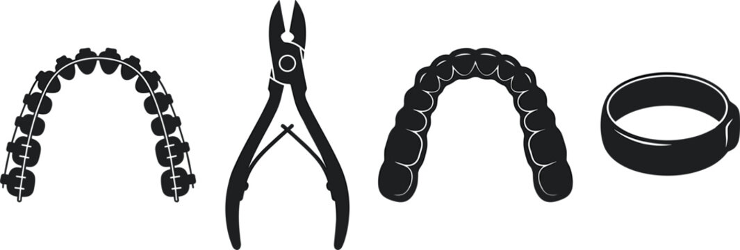 Orthodontic Dental Care and Teeth Alignment Silhouette Set with Braces, Distal End Cutter Pliers, Clear Aligner Retainer, and Molar Band Vector Illustrations
