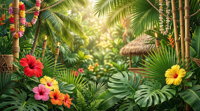 Tropical Luau Party Background with Lush Jungle Hibiscus and Tiki Torches
