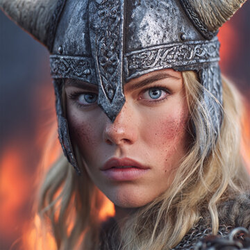 Close-up fantasy portrait of a fierce Nordic shieldmaiden with striking blue eyes and blonde hair, wearing an ornate, weathered Viking helmet