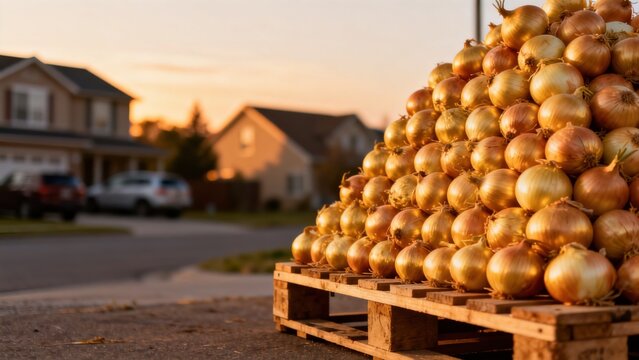 Onions stacked on wooden pallet outdoors