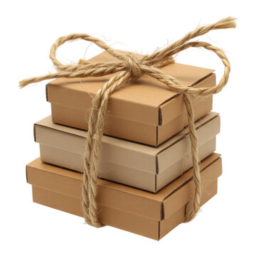 Stack of brown cardboard boxes tied with twine