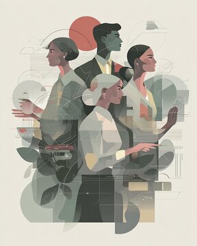 Abstract editorial illustration of a professional team in muted tones with geometric overlays