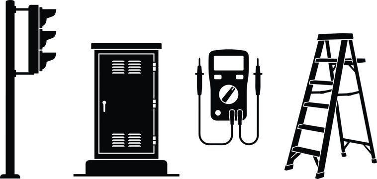 Traffic Signal Maintenance and Traffic Control Box Technician Equipment Silhouette Set with Digital Multimeter, Stepladder, and Traffic Light Vector Illustrations