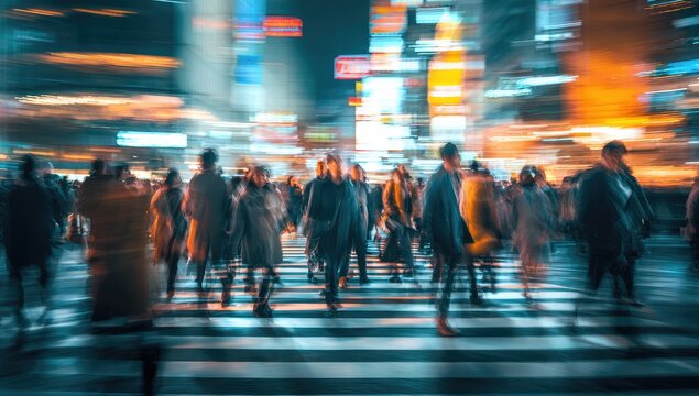 Blurred nighttime city scene with streaks of light and blurred pedestrians