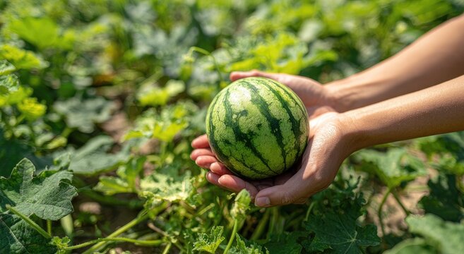 Hands Holding a Small Watermelon in a Field of Green Leaves.