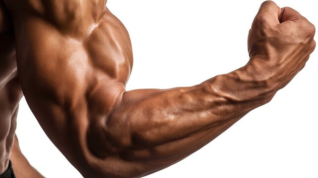 Muscular arm of a bodybuilder flexing biceps and triceps with defined vascularity and sun kissed tanned skin isolated against a pure white background in studio lighting
