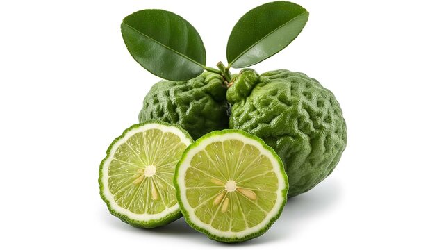 Fresh vibrant green kaffir lime fruits with textured bumpy skin and bright citrus slices arranged for culinary photography on a clean and simple white background