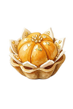 Watercolor illustration of Dara Thong, traditional Thai auspicious dessert isolated on white background.
