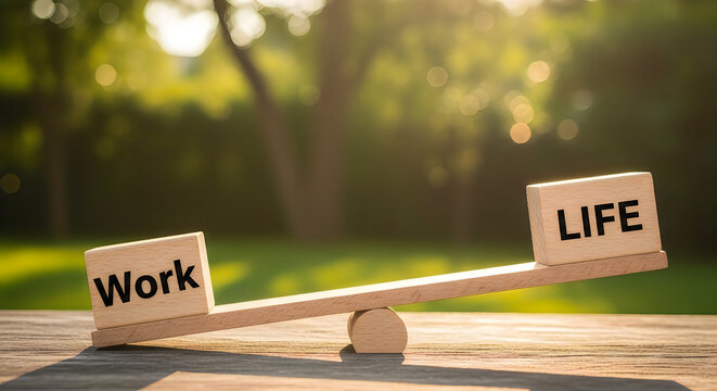Work life balance concept wooden blocks on balancing scale outdoors