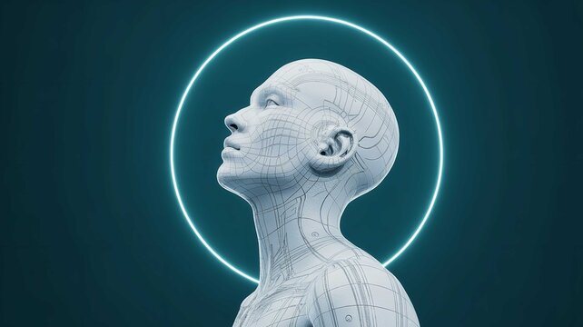 Digital human head profile featuring intricate wireframe mesh patterns and a glowing neon circular light ring set against a dark teal background in high resolution