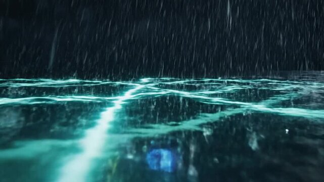 A beam of light shines through the rain on a wet road at night with 0410.mov reference