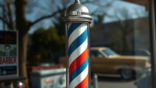A vintage barber pole with red, white, and blue stripes spinning in spring sunlight.