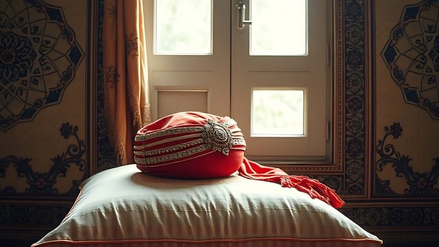 An ornate jeweled turban on a silk cushion against intricate geometric patterns.