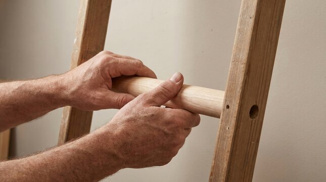 Hands Inserting a Missing Rung Into Wooden Ladder, Career Step and Opportunity Concept