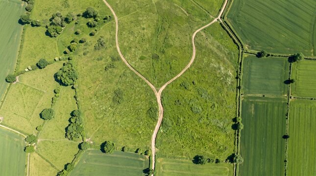 Aerial Top Down View of Green Farm Fields With Dirt Paths Crossing, Decision and Direction Concept
