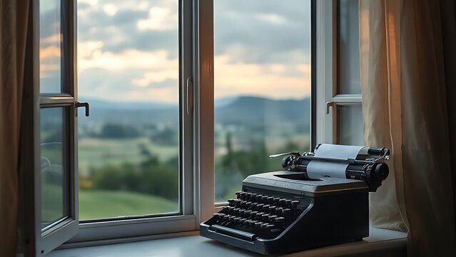 An open window with a landscape outside and an old typewriter on the windowsill.