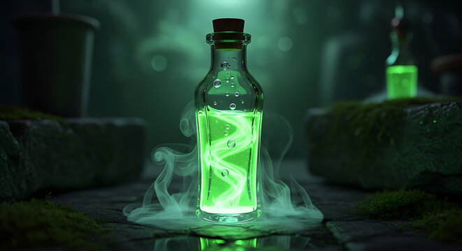 Glass bottle filled with glowing green liquid a 3d rendering with atmospheric lighting