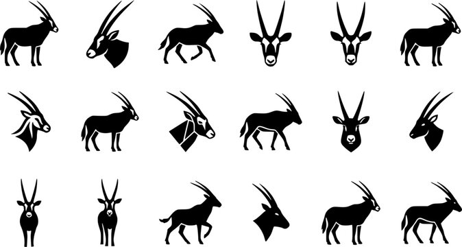 Oryx silhouette icon set, flat black glyph style, pure white background