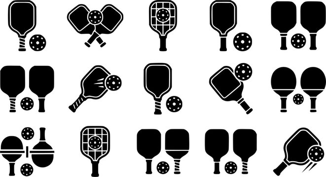 Pickleball racket and ball silhouette icon set, flat black 
glyph style, pure white background