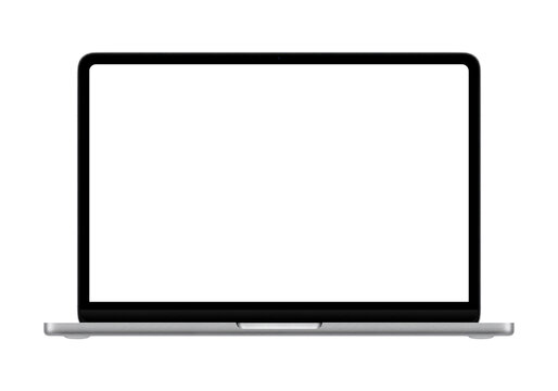 Silver new laptop or ultrabook mockup template with white blank screen. Isolated png image  