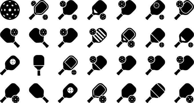 Pickleball racket and ball silhouette icon set, flat black 
glyph style, pure white background